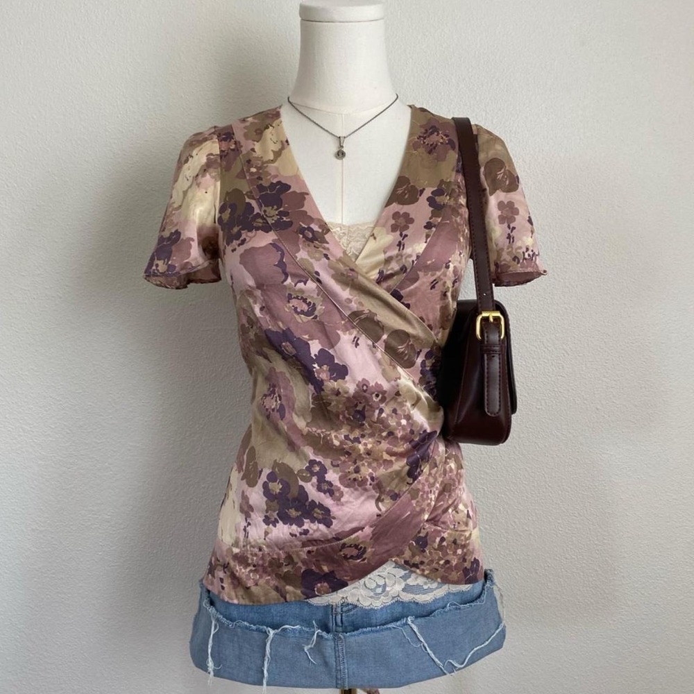 Vintage Y2K Banana Republic Silk Floral V Neck Wrap Tie Flutter Short Sleeve
